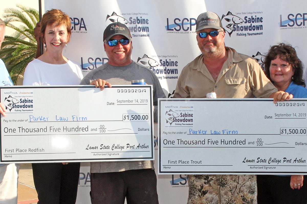 The Parker Law Firm team of Brian Quebedeaux and Michael Fesco won first place in the Sabine Showdown Fishing Tournament Redfish and Trout categories. Pictured, from left, are Tournament Director Scott Street, Lamar State College Port Arthur President Dr. Betty Reynard, Quebedeaux, Fesco, Verna Rutherford representing title sponsor Motiva Enterprises, and Dana Hanning representing title sponsor Flint HIlls Refinery. The tournament took place on Saturday, September 14, 2019 at Lamar State College Port Arthur.